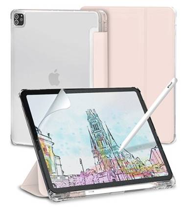 아이패드에어5 케이스 : 신지모루 클리어 애플펜슬 수납 태블릿PC 케이스 + 종이질감 액정보호 필름 세트, 핑크샌드