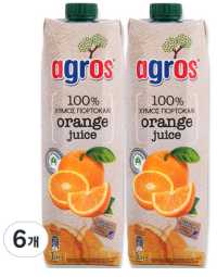 아그로스 100% 오렌지주스, 6개, 1L